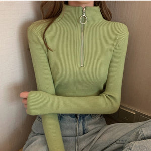 Knitted Women Zipper High Neck Sweater