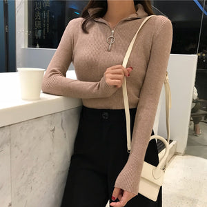 Knitted Women Zipper High Neck Sweater